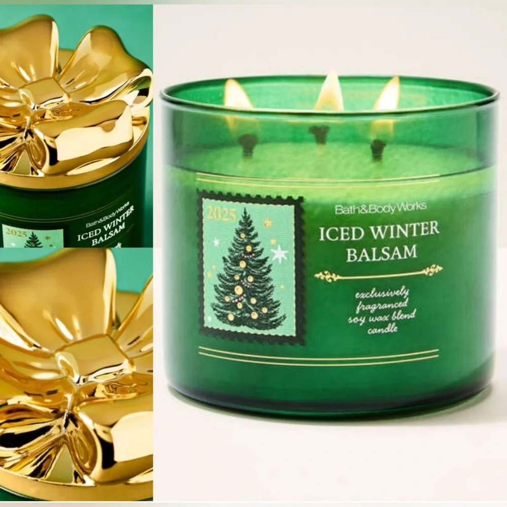 NIB Bath & Body Works “Iced Fresh Balsam” 3-Wick Candle w 3D Gold Bow Lid